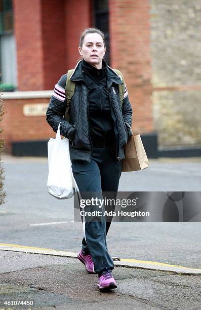 Jill Halfpenny is pictured returning home from an early morning walk on January 5, 2015 in London, England.