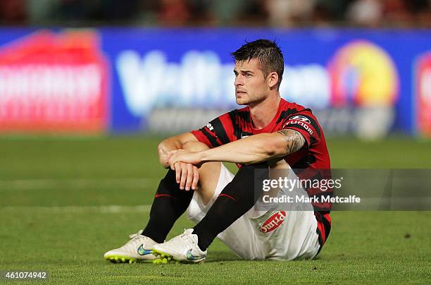 Brendan Hamill of the Wanderers looks dejected after defeat in the round 15 A-League match between the Western Sydney Wanderers and Melbourne Victory...