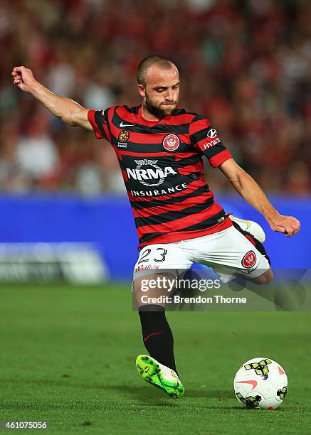 Jason Trifiro of the Wanderers shoots for goal during the round 15 A-League match between the Western Sydney Wanderers and Melbourne Victory at...