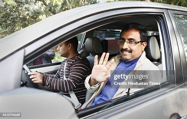 National General Secretary Ram Madhav leaves after a meeting with BJP President Amit Shah over government formation in Jammu and Kashmir on January...