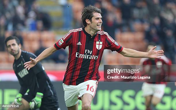 Andrea Poli of Milan celebrates after scoring the opening goal during the Serie A match between AC Milan and US Sassuolo Calcio at Stadio Giuseppe...