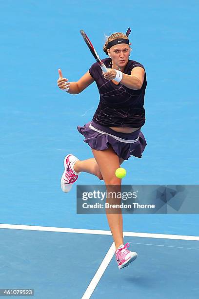 Petra Kvitova of the Czech Republic plays a forehand in her second round match against Christina McHale of the USA during day three of the 2014...