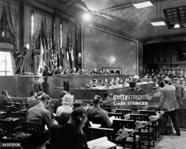 Photo taken around 1946 shows a partial View of the judges bench at the Nuremberg International Military Tribunal court where the nazi leaders of the...
