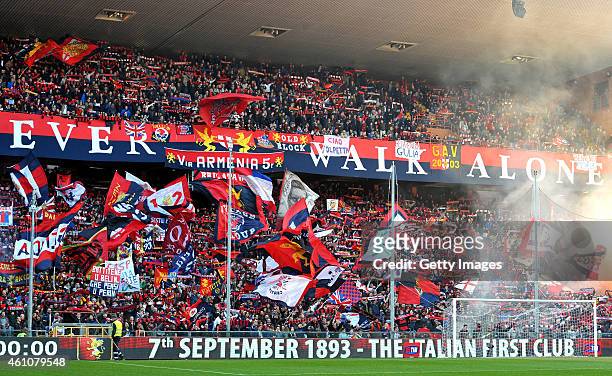 Genoa fans cheer on their team during the Serie A match between Genoa CFC and Atalanta BC at Stadio Luigi Ferraris on January 6, 2015 in Genoa, Italy.