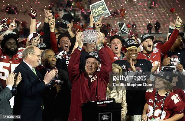 Florida State Seminoles head coach Jimbo Fisher holds the Coaches' Trophy after defeating the Auburn Tigers 34-31 in the 2014 Vizio BCS National...