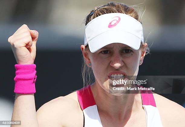 Alison Riske of the USA celebrates winning match point in her second round match against Casey Dellacqua of Australia during day three of the...