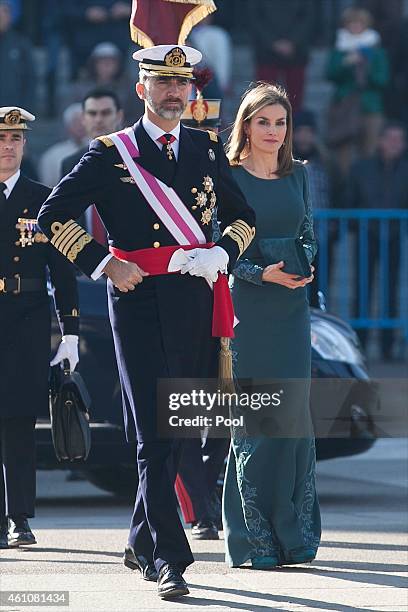 King Felipe VI of Spain and Queen Letizia of Spain attend the Pascua Militar ceremony at the Royal Palace on January 6, 2015 in Madrid, Spain.