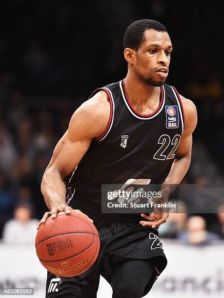 Antonio Graves of Artland in action during the Bundesliga basketball game between Basketball Loewen Braunschweig and Artland Dragons on January 3,...