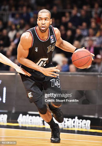 Brandon Thomas of Artland in action during the Bundesliga basketball game between Basketball Loewen Braunschweig and Artland Dragons on January 3,...