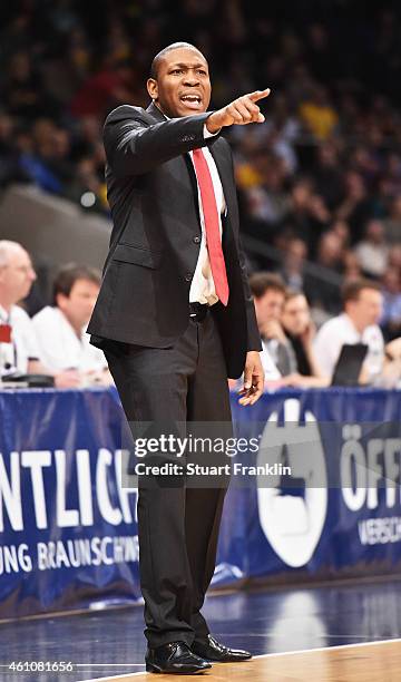 Tyron McCoy, head coach of Artland Dragons gestures during the Bundesliga basketball game between Basketball Loewen Braunschweig and Artland Dragons...