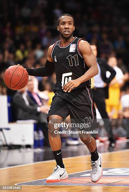 David Holston of Artland in action during the Bundesliga basketball game between Basketball Loewen Braunschweig and Artland Dragons on January 3,...