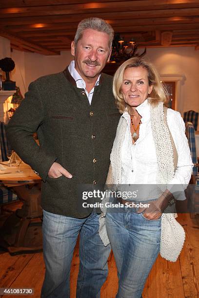 Andrea L'Arronge and her husband Charly Reichenwallner during the Neujahrs-Karpfenessen in Hotel zur Tenne on January 06, 2015 in Kitzbuehel, Austria.