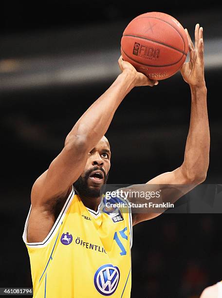 Derrick Allen of Braunschweig in action during the Bundesliga basketball game between Basketball Loewen Braunschweig and Artland Dragons on January...