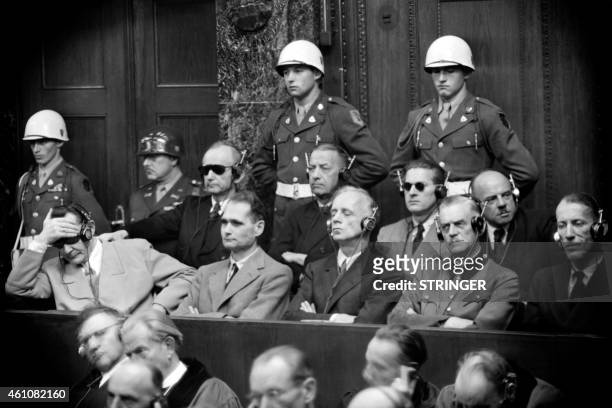 Photo taken in 1946 during the Nuremberg trial where nazi criminals have to answer for their crimes during World War II before a tribunal formed by...