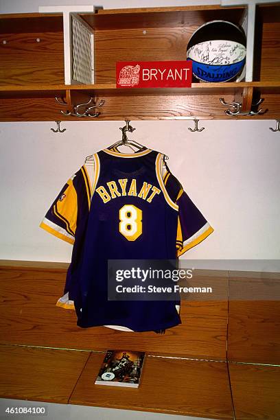 Kobe Bryant of the Los Angeles Lakers jersey hangs during the 1998 NBA All-Star Game played on February 8, 1998 at Madison Square Garden in New York...