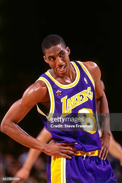Eddie Jones of the Los Angeles Lakers looks on during the 1998 NBA News  Photo - Getty Images