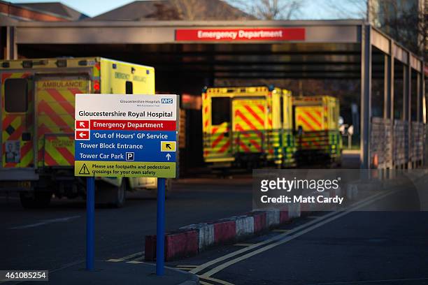 Ambulances arrive outside the Accident and Emergency department of Gloucestershire Royal Hospital on January 6, 2015 in Gloucester, England. The...