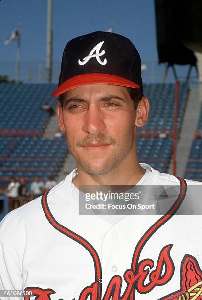 John Smoltz of the Atlanta Braves poses in this portrait during Major League Baseball spring training game circa 1996 at West Palm Beach Municipal...