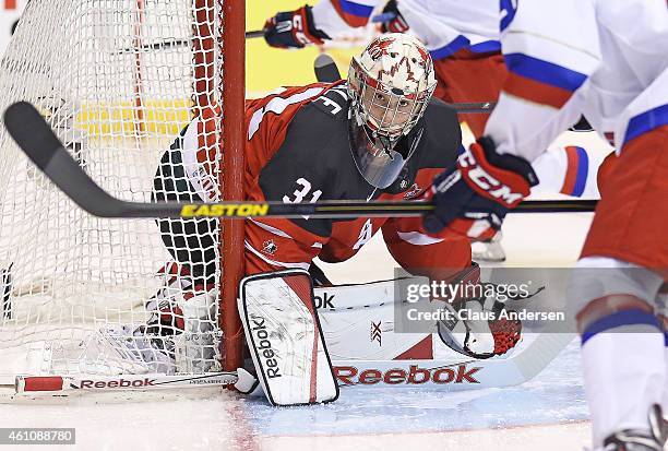 Zach Fucale of Team Canada watches for a rebound against Team Russia during the Gold medal game in the 2015 IIHF World Junior Hockey Championships at...