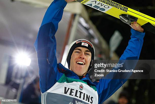 Stefan Kraft of Austria takes 1st place during the FIS Ski Jumping World Cup Vierschanzentournee on January 06, 2015 in Bischofhofen, Austria.
