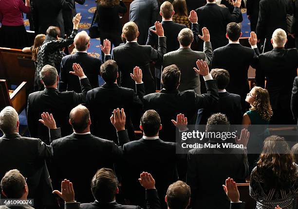 Republican members of the 114th Congress are sworn in at the US Capitol January 6, 2015 in Washington, DC. Today Congress convened its first session...