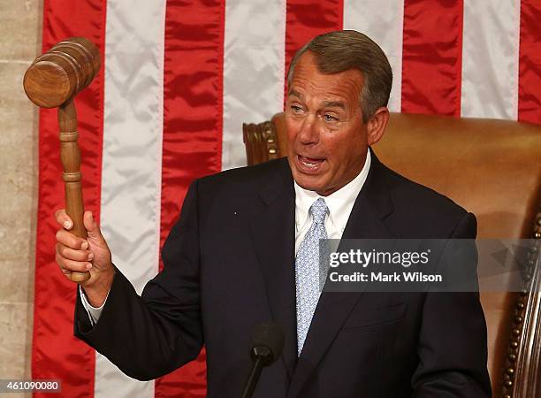Speaker of the House John Boehner holds his speakers gavel during the first session of the 114th Congress in the House Chambers January 6, 2015 in...