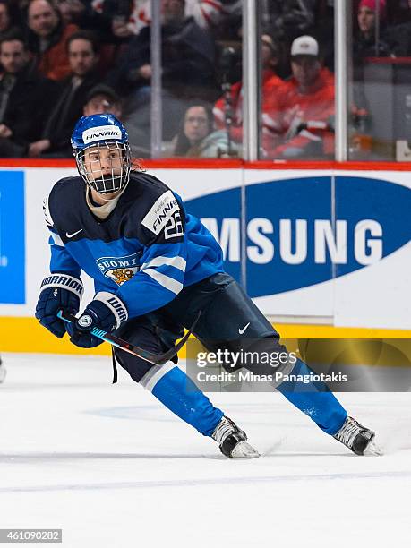 Sebastian Aho of Team Finland skates in a preliminary round game during the 2015 IIHF World Junior Hockey Championships against Team Germany at the...