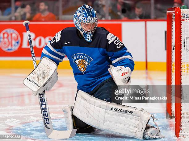 Ville Husso of Team Finland protects his net in a preliminary round game during the 2015 IIHF World Junior Hockey Championships against Team Germany...