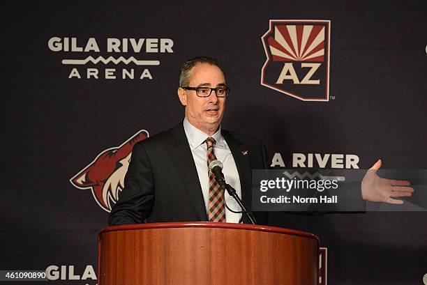 Owner, Chairman and Governor Andrew Barroway of the Arizona Coyotes speaks to the press prior to a game between the Arizona Coyotes against the...