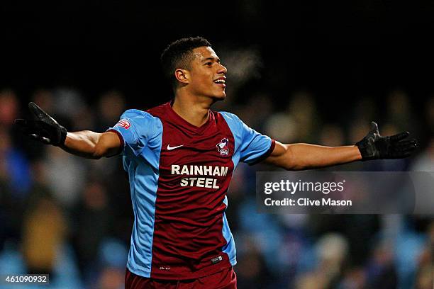 Lyle Taylor of Scunthorpe celebrates after scoring his team's second goal during the FA Cup Third Round match between Scunthorpe United and...