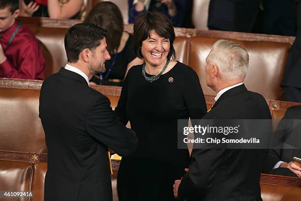 Rep. Paul Ryan , Rep. Cathy McMorris Rodgers and Rep. Pete Sessions visit during the opening session of the 114th Congress in the House of...