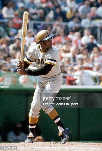 Outfielder Roberto Clemente' #21of Pittsburgh Pirates bats during an Major League Baseball game circa 1970. Clemente' Played for the Pirates from...
