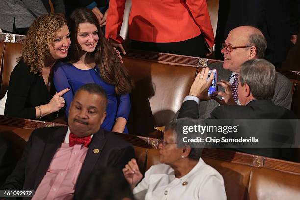 Rep. Debbie Wasserman Schultz and her daughter Rebecca Schultz pose for a photograph during the first session of the 114th Congress in the House of...