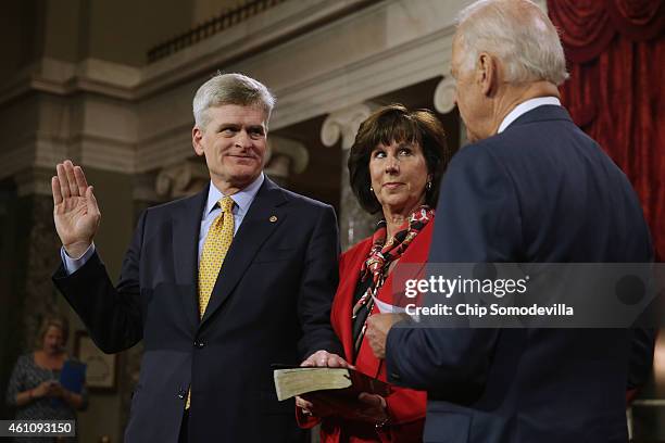 Sen. Bill Cassidy is ceremonially sworn in by Vice President Joe Biden in the Old Senate Chamber with Cassidy's wife Laura Layden at the U.S. Capitol...