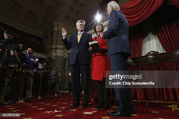 Sen. Bill Cassidy is ceremonially sworn in by Vice President Joe Biden in the Old Senate Chamber with Cassidy's wife Laura Layden at the U.S. Capitol...