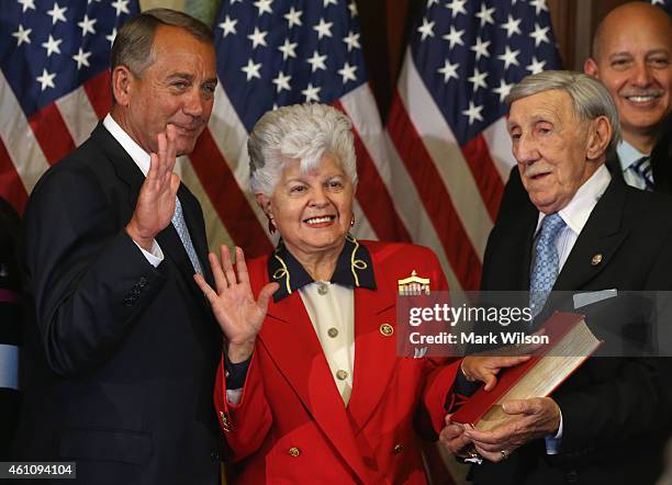 Speaker of the House John Boehner poses with Rep. Grace Napolitano during a ceremonial swearing in at the US Capitol January 6, 2015 in Washington,...
