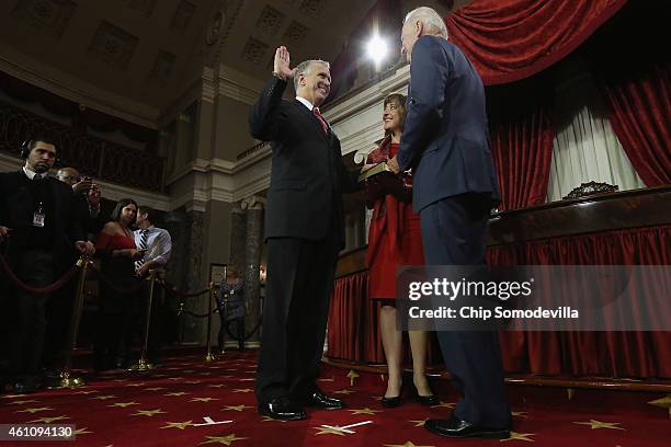 Sen. Thom Tillis is ceremonially sworn in by Vice President Joe Biden in the Old Senate Chamber with Tillis' wife Susan Tillis at the U.S. Capitol...