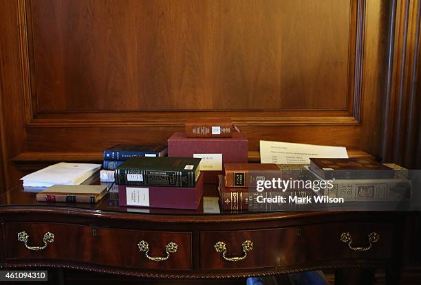 Various bibles on loan from the Library of Congress are used for ceremonial swearing in's at the US Capitol January 6, 2015 in Washington, DC. Today...