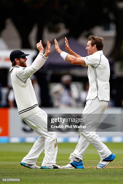 Doug Bracewell of New Zealand celebrates his wicket of Angelo Mathews of Sri Lanka caught by Kane Williamson during day five of the Second Test match...