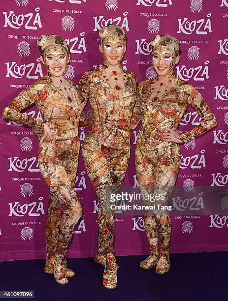 Cirque Du Soleil performers attend the VIP performance of "Kooza" by Cirque Du Soleil at Royal Albert Hall on January 6, 2015 in London, England.