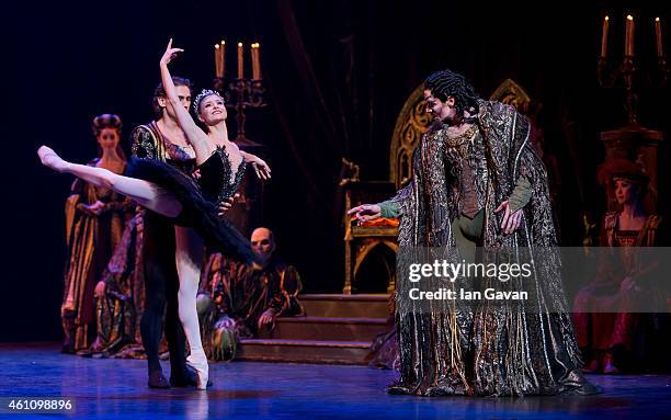 Alina Cojocaru and Ivan Vasiliev perform on stage during a dress rehearsal for The English National Ballet's "Swan Lake" at the London Coliseum on...