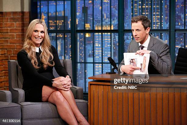 Episode 0145 -- Pictured: Model and actress Molly Sims during an interview with host Seth Meyers on January 6, 2015 --