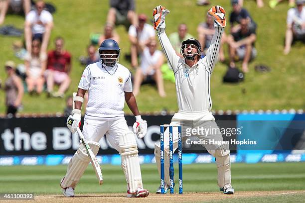 Watling of New Zealand appeals successfully for the wicket of Rangana Herath of Sri Lanka during day five of the Second Test match between New...
