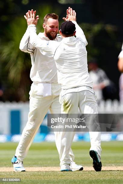 Mark Craig of New Zealand celebrates his wicket of Rangana Herath of Sri Lanka during day five of the Second Test match between New Zealand and Sri...