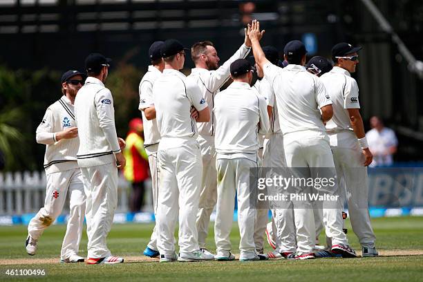 Mark Craig of New Zealand celebrates his wicket of Rangana Herath of Sri Lanka during day five of the Second Test match between New Zealand and Sri...