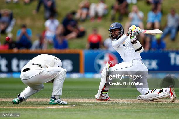 Dinesh Chandimal of Sri Lanka bats during day five of the Second Test match between New Zealand and Sri Lanka at Basin Reserve on January 7, 2015 in...