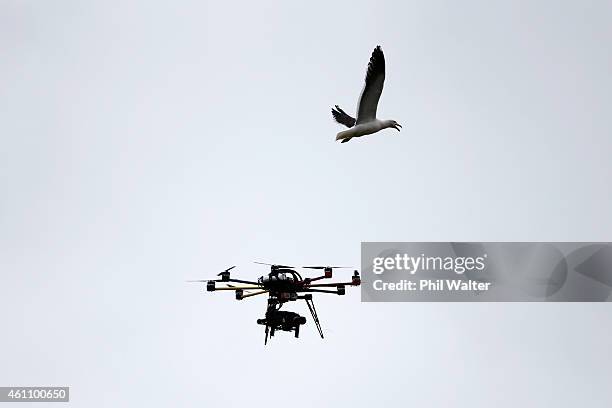 The Sky TV drone camera attracts the attention of the seagulls during day four of the Second Test match between New Zealand and Sri Lanka at Basin...