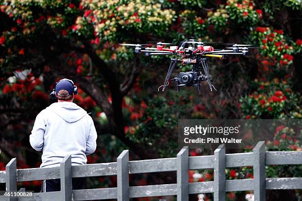 The Sky TV drone camera operator during day four of the Second Test match between New Zealand and Sri Lanka at Basin Reserve on January 7, 2015 in...