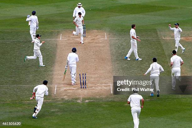 Tim Southee of New Zealand celebrates his wicket of Nuwan Pradeep of Sri Lanka to win the match and the series during day five of the Second Test...