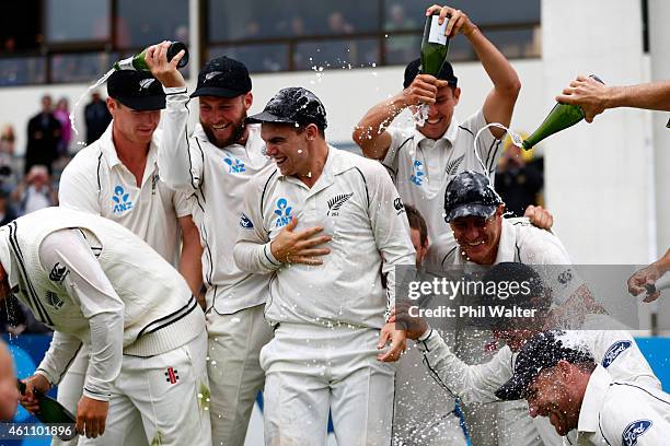 New Zealand celebrate the series win following day five of the Second Test match between New Zealand and Sri Lanka at Basin Reserve on January 7,...